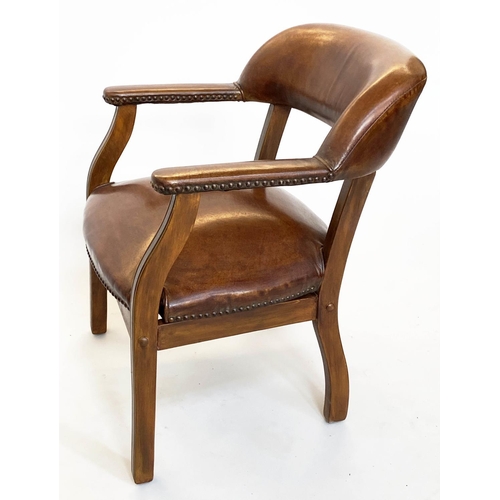 232 - LIBRARY ARMCHAIRS, a pair, walnut and studded mid tan leather each with curved back, 62cm W. (2)