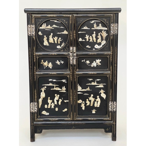 236 - CHINESE SIDE CABINET, early 20th century lacquered and mother and pearl and bone mounted with two pa... 