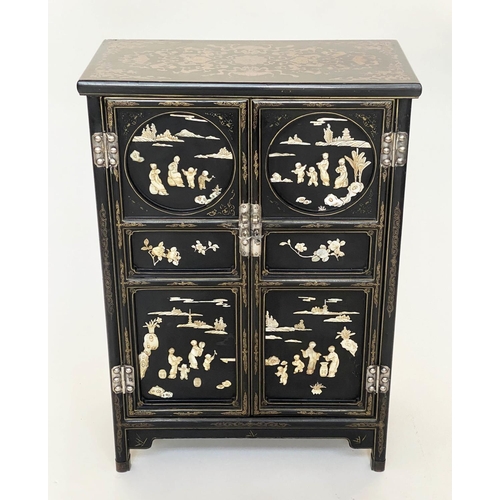 236 - CHINESE SIDE CABINET, early 20th century lacquered and mother and pearl and bone mounted with two pa... 