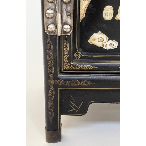 236 - CHINESE SIDE CABINET, early 20th century lacquered and mother and pearl and bone mounted with two pa... 