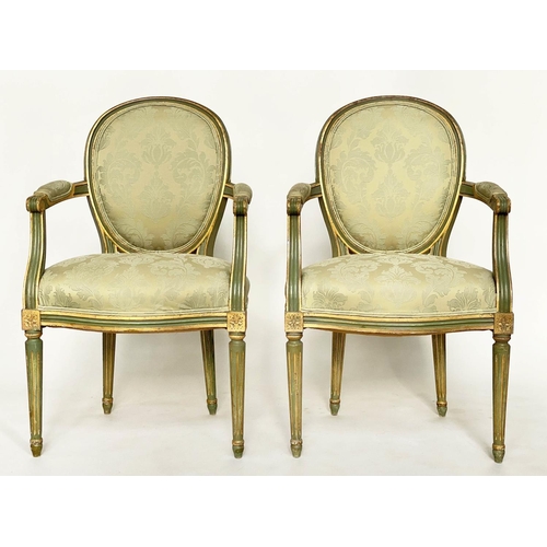 237 - FAUTEUILS, a pair, French Louis XVI style green and parcel gilt with brocade upholstery, 58cm W. (2)