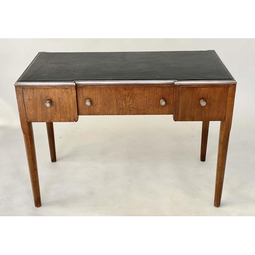 238 - ART DECO DESK BY MORRIS, 76cm H x 107cm W x 53cm D, oak and brass silvered bound, leather lined with... 