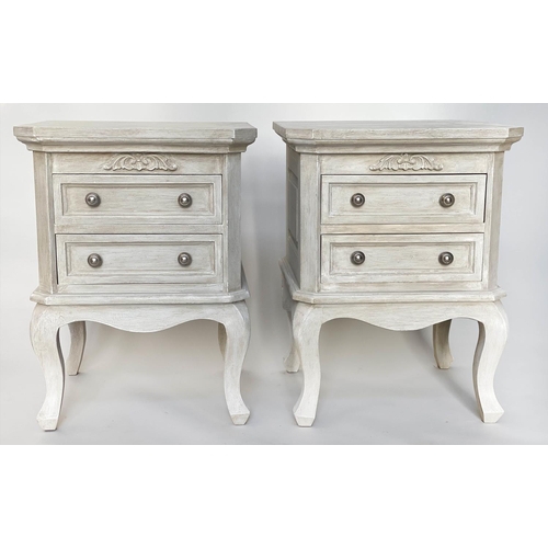 239 - BEDSIDE CHESTS, a pair, French Louis XV style traditionally grey painted each with two drawers and c... 