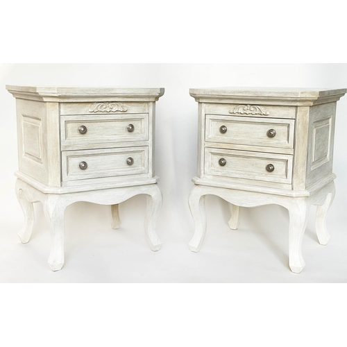 239 - BEDSIDE CHESTS, a pair, French Louis XV style traditionally grey painted each with two drawers and c... 