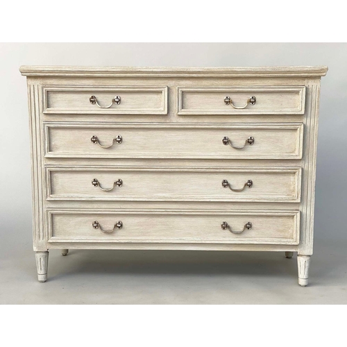 240 - LOW CHEST, French style traditionally grey painted with five drawers and silvered metal loop handles... 