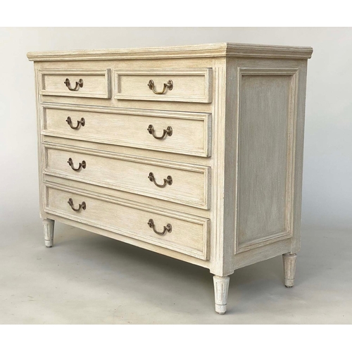 240 - LOW CHEST, French style traditionally grey painted with five drawers and silvered metal loop handles... 