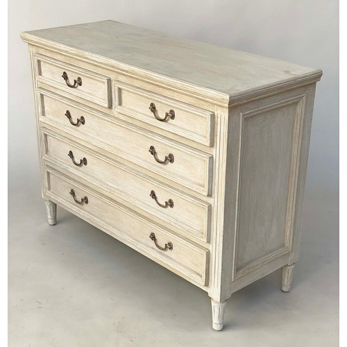 240 - LOW CHEST, French style traditionally grey painted with five drawers and silvered metal loop handles... 