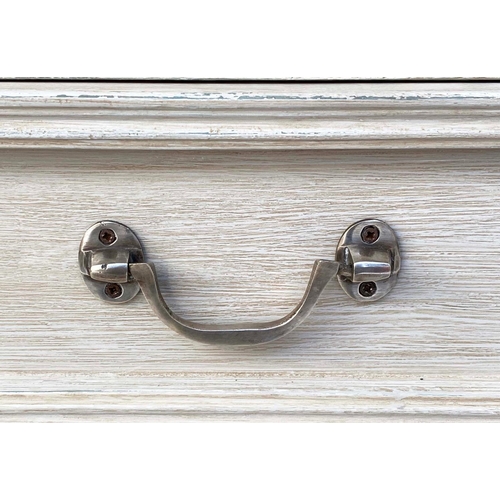 240 - LOW CHEST, French style traditionally grey painted with five drawers and silvered metal loop handles... 