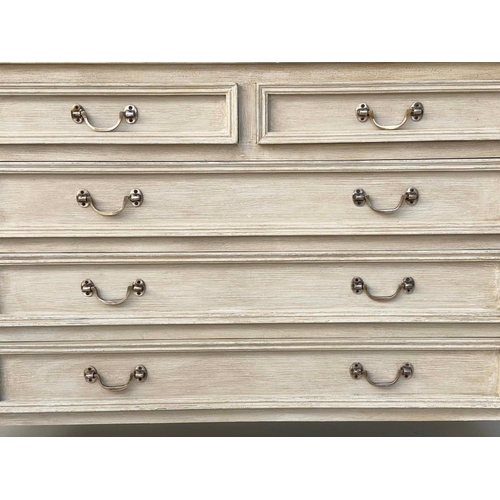 240 - LOW CHEST, French style traditionally grey painted with five drawers and silvered metal loop handles... 