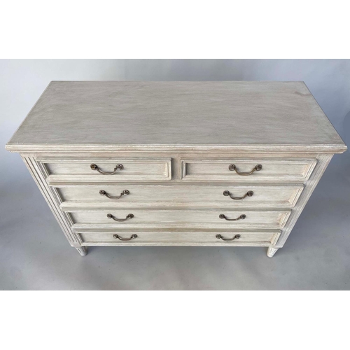 240 - LOW CHEST, French style traditionally grey painted with five drawers and silvered metal loop handles... 