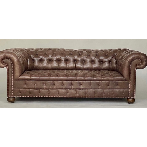 241 - CHESTERFIELD SOFA, 19th century style studded grey brown hide leather with all over deep buttoning, ... 