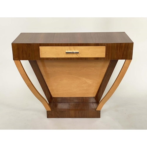 244 - ART DECO CONSOLE TABLE, figured walnut and bois satin contrast with angled supports, 102cm x 40cm x ... 