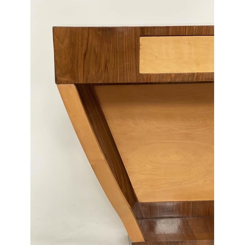 244 - ART DECO CONSOLE TABLE, figured walnut and bois satin contrast with angled supports, 102cm x 40cm x ... 