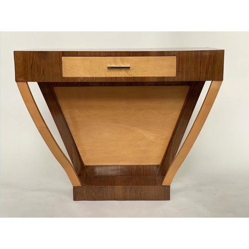 244 - ART DECO CONSOLE TABLE, figured walnut and bois satin contrast with angled supports, 102cm x 40cm x ... 