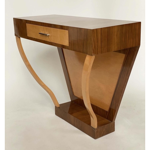 244 - ART DECO CONSOLE TABLE, figured walnut and bois satin contrast with angled supports, 102cm x 40cm x ... 