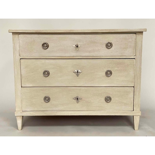 248 - GUSTAVIAN COMMODE, 19th century Swedish traditionally grey painted with three long drawers and squar... 