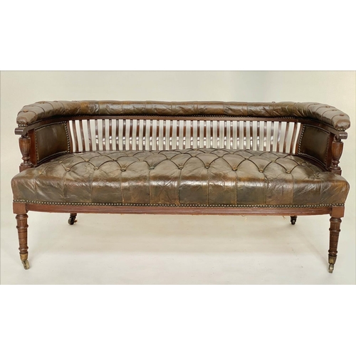 250 - HALL BENCH, 19th century country house walnut with buttoned tan leather upholstered seat and arms, s... 