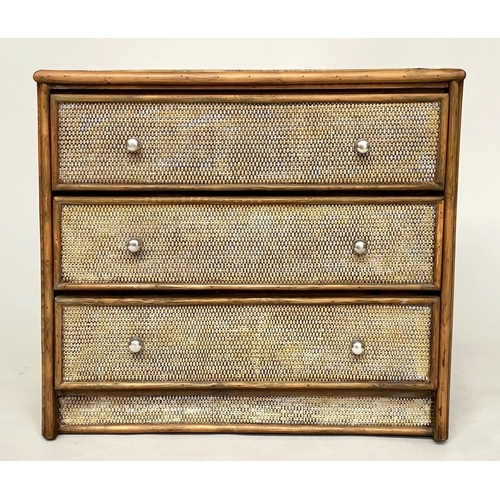 251 - BAMBOO CHEST, wicker panelled and cane bound with three long drawers, 79cm x 46cm x 72cm H.