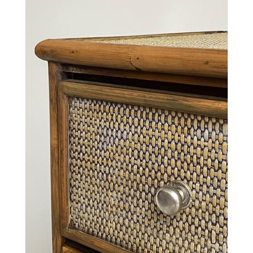 251 - BAMBOO CHEST, wicker panelled and cane bound with three long drawers, 79cm x 46cm x 72cm H.