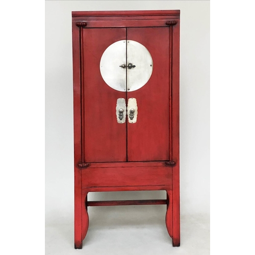 252 - MARRIAGE CABINET, Chinese scarlet lacquered and silvered metal mounted with two panelled doors enclo... 