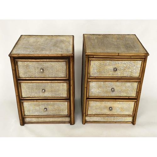 254 - BEDSIDE CHESTS, a pair, bamboo framed, wicker-panelled and cane bound each with three long drawers a... 