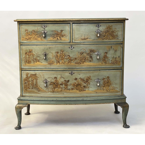 255 - CHINOISERIE CHEST, early 20th century, bowfront, silver  grey Chinoiserie design hand painted, with ... 