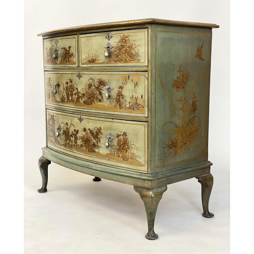 255 - CHINOISERIE CHEST, early 20th century, bowfront, silver  grey Chinoiserie design hand painted, with ... 