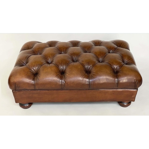 256 - HEARTH/CENTRE STOOL, rectangular with mid brown deep button upholstered leather and turned supports,... 