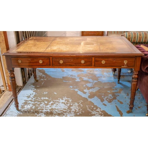 259 - WRITING TABLE, Regency style, mahogany, ebonised inlay inset leather writing surface fitted with thr... 