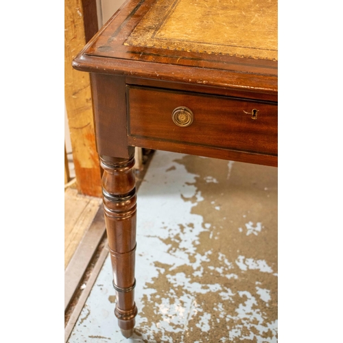 259 - WRITING TABLE, Regency style, mahogany, ebonised inlay inset leather writing surface fitted with thr... 