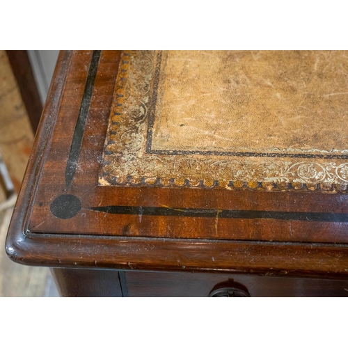 259 - WRITING TABLE, Regency style, mahogany, ebonised inlay inset leather writing surface fitted with thr... 