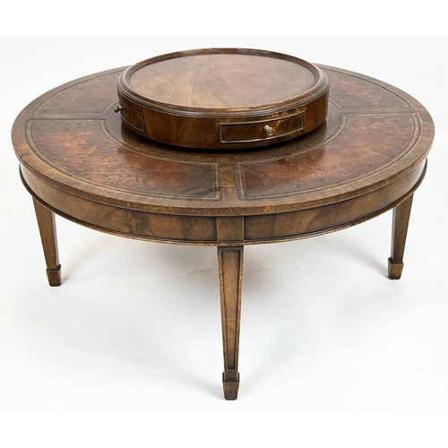 260 - LIBRARY LOW TABLE, Theodore Alexander style, mahogany, 'Lazy Susan' top, leather lined border on tap... 