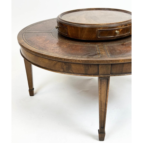 260 - LIBRARY LOW TABLE, Theodore Alexander style, mahogany, 'Lazy Susan' top, leather lined border on tap... 