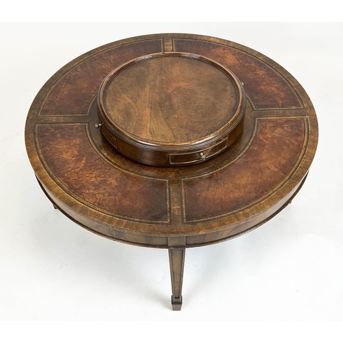 260 - LIBRARY LOW TABLE, Theodore Alexander style, mahogany, 'Lazy Susan' top, leather lined border on tap... 