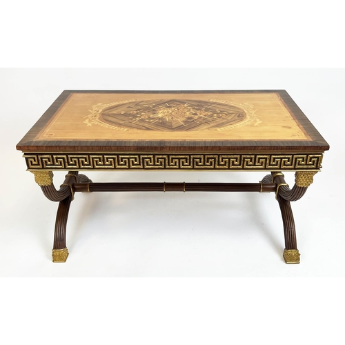 266 - LOW TABLE, Versace style, marquetry inlaid top with Greek key frieze and X-frame base, 51cm H x 101c... 