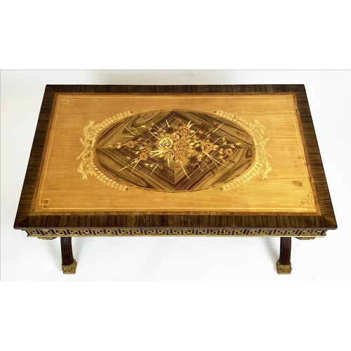 266 - LOW TABLE, Versace style, marquetry inlaid top with Greek key frieze and X-frame base, 51cm H x 101c... 