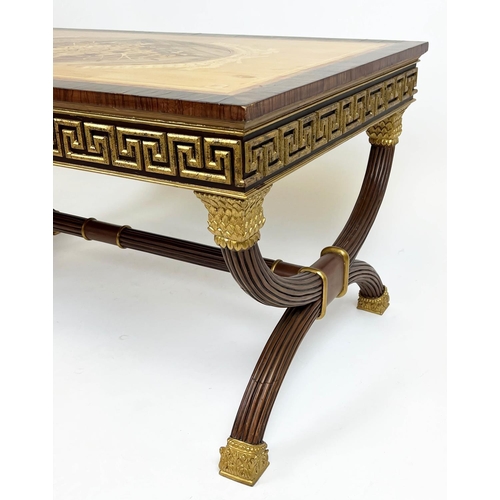 266 - LOW TABLE, Versace style, marquetry inlaid top with Greek key frieze and X-frame base, 51cm H x 101c... 