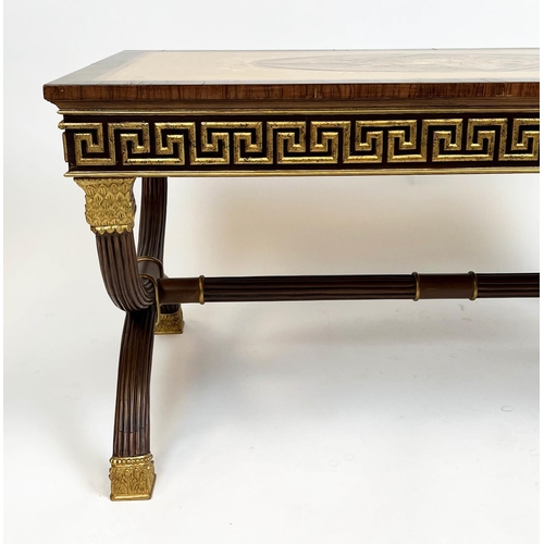 266 - LOW TABLE, Versace style, marquetry inlaid top with Greek key frieze and X-frame base, 51cm H x 101c... 