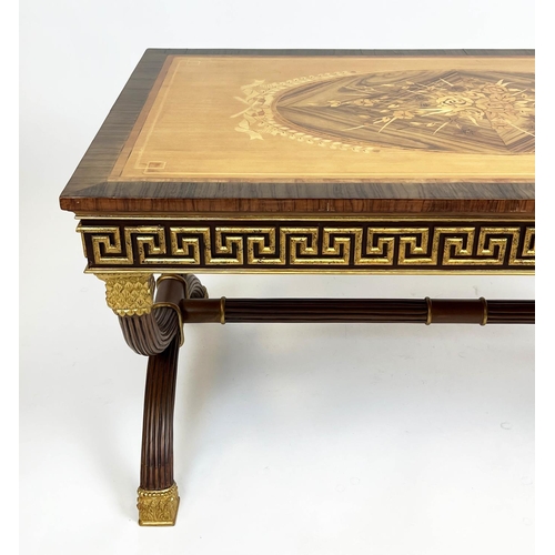 266 - LOW TABLE, Versace style, marquetry inlaid top with Greek key frieze and X-frame base, 51cm H x 101c... 