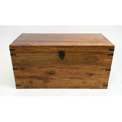 270 - TRUNK, teak and iron bound with rising lid and carrying handles, 47cm H x 96cm x 47cm.