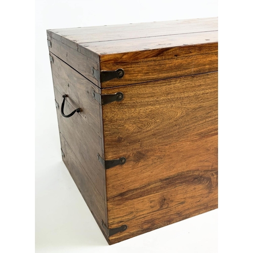 270 - TRUNK, teak and iron bound with rising lid and carrying handles, 47cm H x 96cm x 47cm.