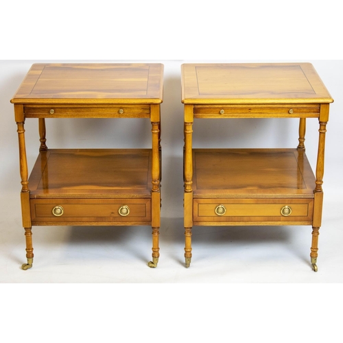 274 - LAMP TABLES, 61cm H x 48cm W x 48cm D, a pair, Georgian style yewwood, each with green leather slide... 