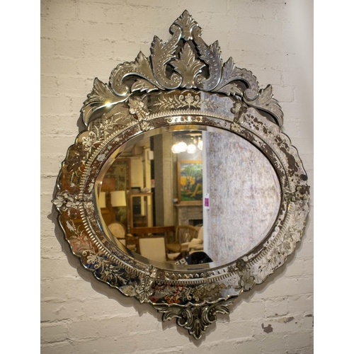 275 - WALL MIRROR, 133cm H x 110cm W, early 20th century Venetian with oval centre plate.