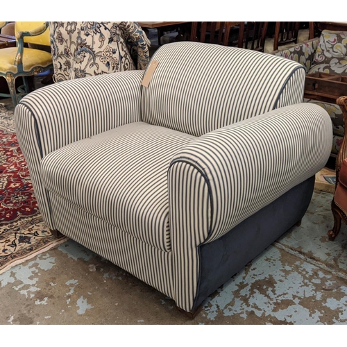 279 - ARMCHAIR, 78cm H x 113cm W x 88cm D, ticking and blue corduroy upholstered, of wide proportions.