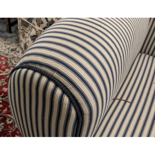 279 - ARMCHAIR, 78cm H x 113cm W x 88cm D, ticking and blue corduroy upholstered, of wide proportions.