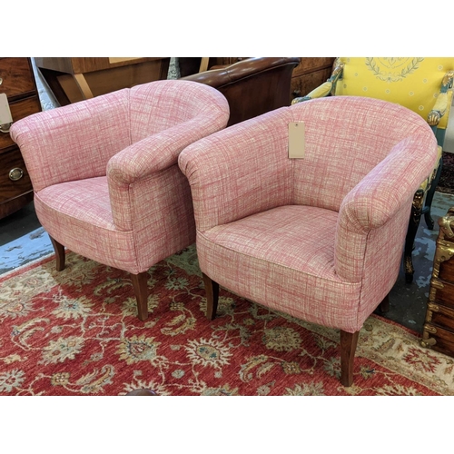 281 - TUB CHAIRS, 78cm H x 79cm W, a pair, mid 20th century oak in new pink fabric. (2)