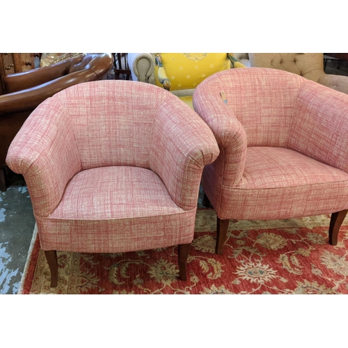 281 - TUB CHAIRS, 78cm H x 79cm W, a pair, mid 20th century oak in new pink fabric. (2)