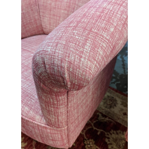 281 - TUB CHAIRS, 78cm H x 79cm W, a pair, mid 20th century oak in new pink fabric. (2)