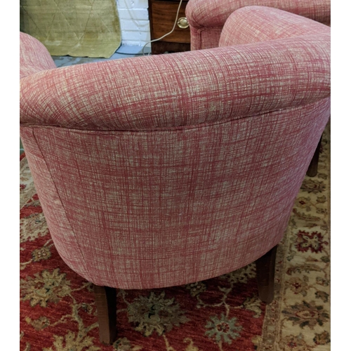 281 - TUB CHAIRS, 78cm H x 79cm W, a pair, mid 20th century oak in new pink fabric. (2)