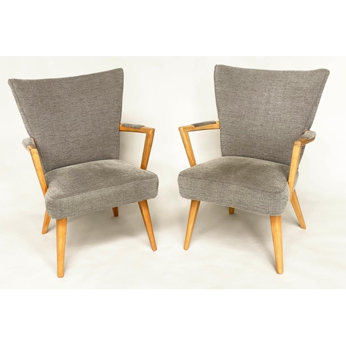 293 - ARMCHAIRS, a pair, 1970s beech framed and grey weave upholstered with angular arms and splay support... 